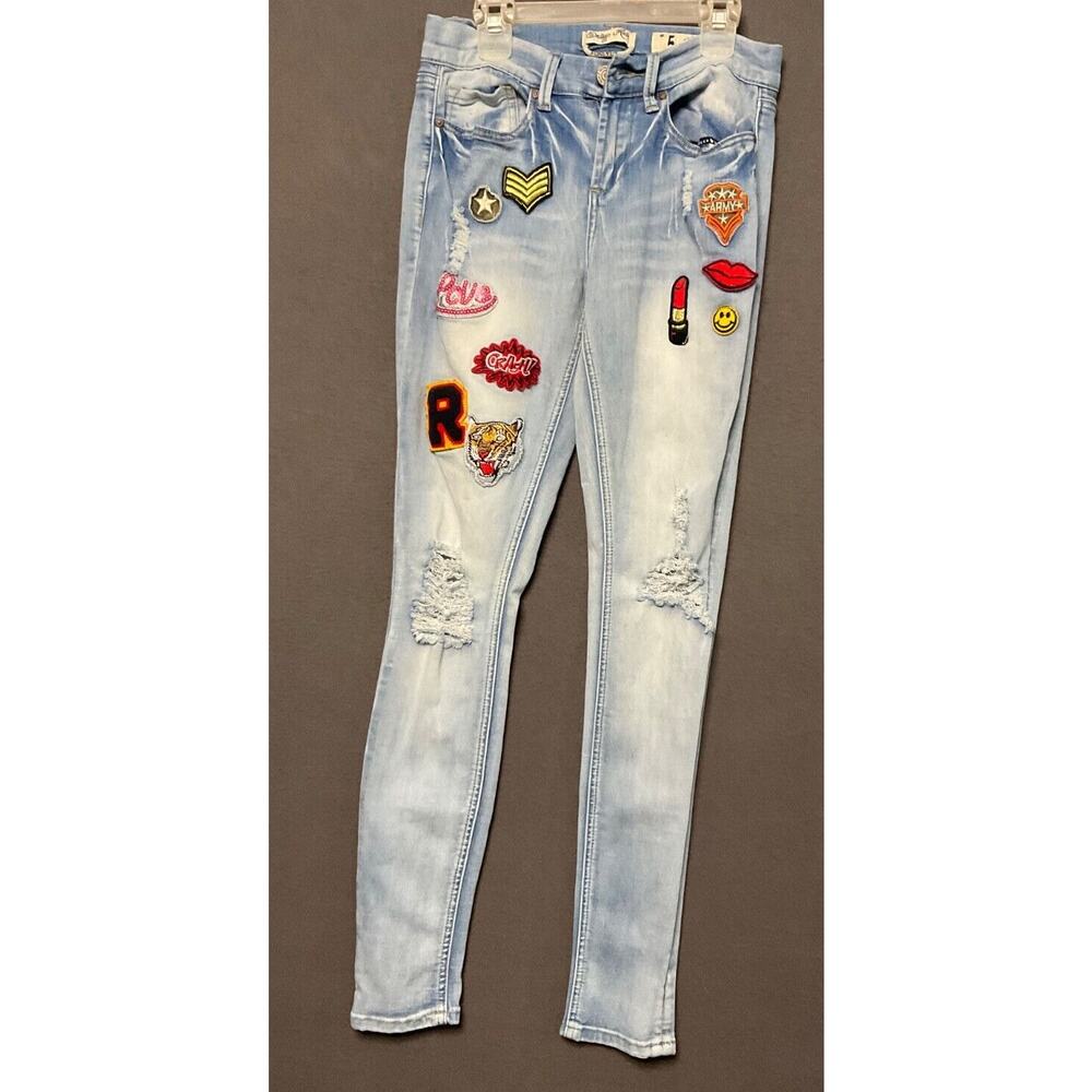 Indigo‎ Rein Forever Jeans Size 5 Light Wash Skinny Ankle Patch Distressed Fun